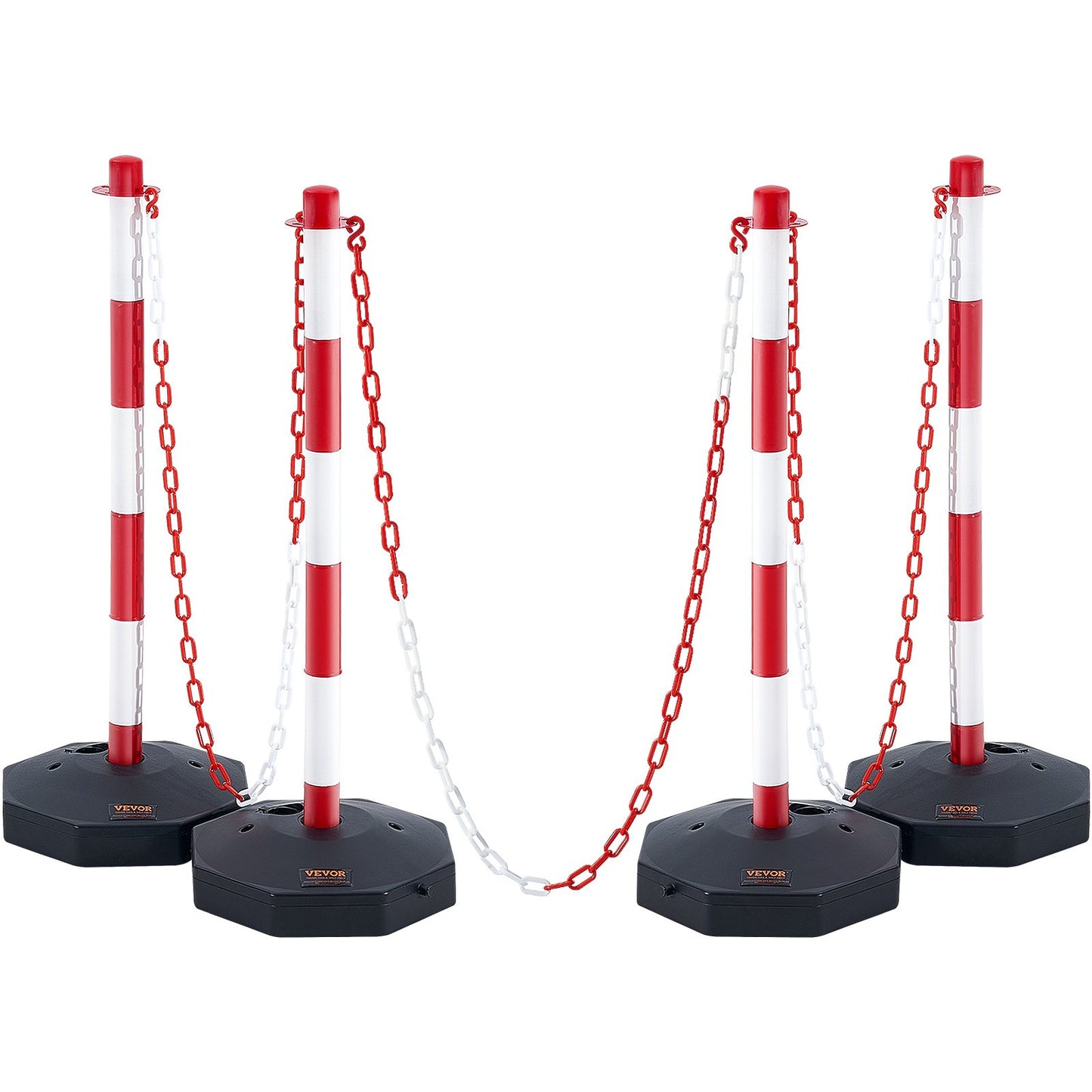 Adjustable Traffic Delineator Post Cones, 4 Pack, Traffic Safety Demarcation Barrier with Fillable Base 8FT Chain, for Traffic Control Warning Parking Lot Construction Warning Roads, Red and White