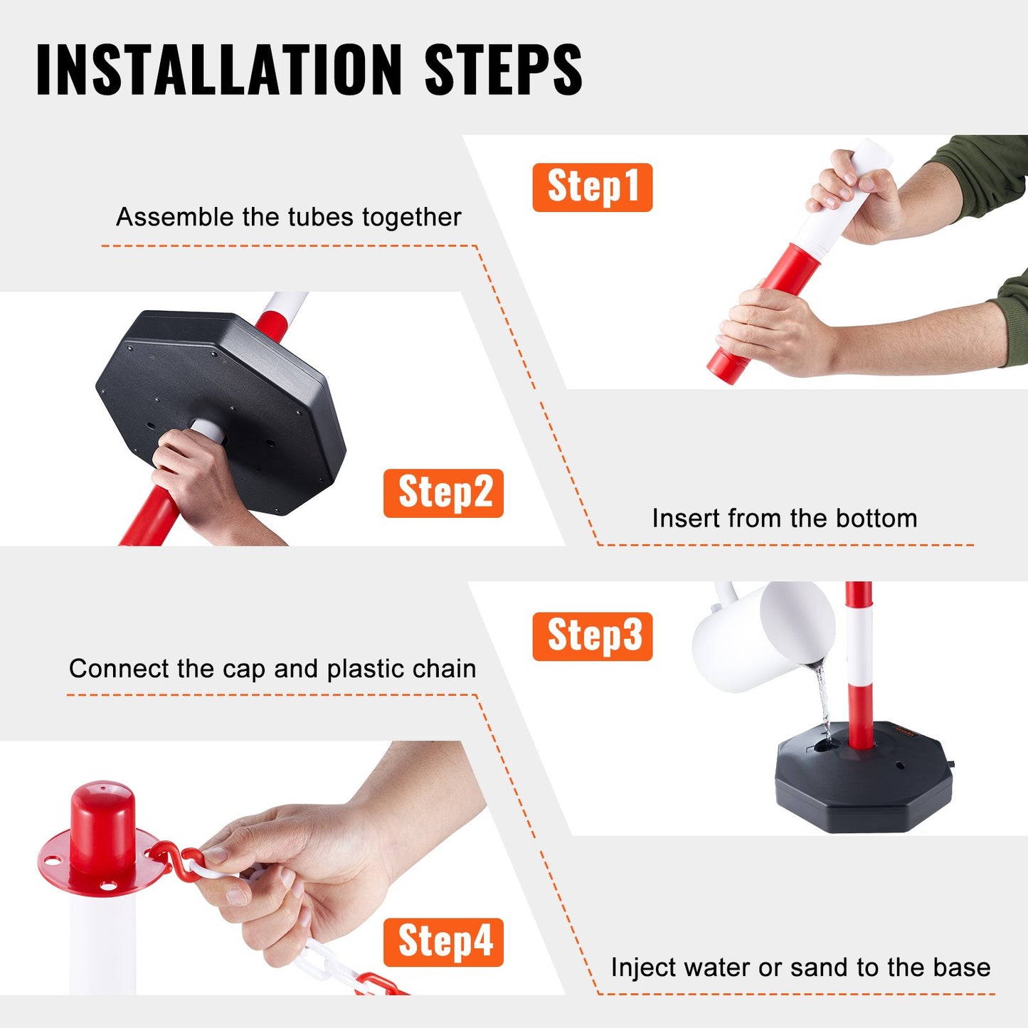 Adjustable Traffic Delineator Post Cones, 4 Pack, Traffic Safety Delineator Barrier with Fillable Base 8FT Chain, for Traffic Control Warning Parking Lot Construction Caution Roads, Red & White