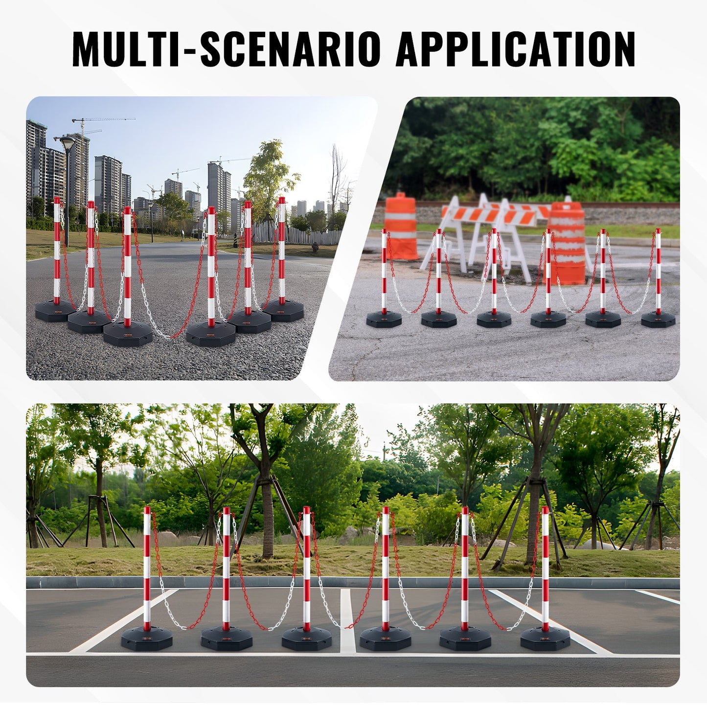 Adjustable Traffic Delineator Post Cones, 6-Pack, Traffic Safety Delineator Barrier with Fillable Base 6.6FT Chain, for Traffic Control Warning Parking Lot Construction Warning Roads, Red&amp;White