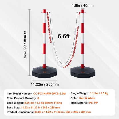 Adjustable Traffic Delineator Post Cones, 6-Pack, Traffic Safety Delineator Barrier with Fillable Base 6.6FT Chain, for Traffic Control Warning Parking Lot Construction Warning Roads, Red&amp;White
