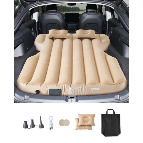 Car Air Mattress, Fits Tesla Model Y (2020-2024), Inflatable Car Camping Mattress, Flocking Thickened Blow Up Travel Beds, Durable Portable Sleeping Pad with Built in Pump, 2 Pillows, Beige