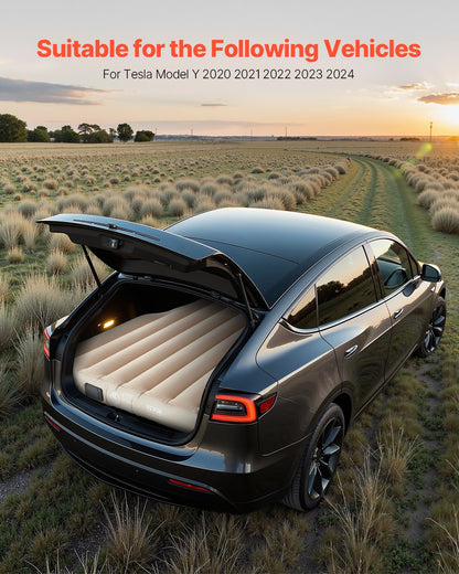 Car Air Mattress, Fits Tesla Model Y (2020-2024), Inflatable Car Camping Mattress, Flocking Thickened Blow Up Travel Beds, Durable Portable Sleeping Pad with Built in Pump, 2 Pillows, Beige