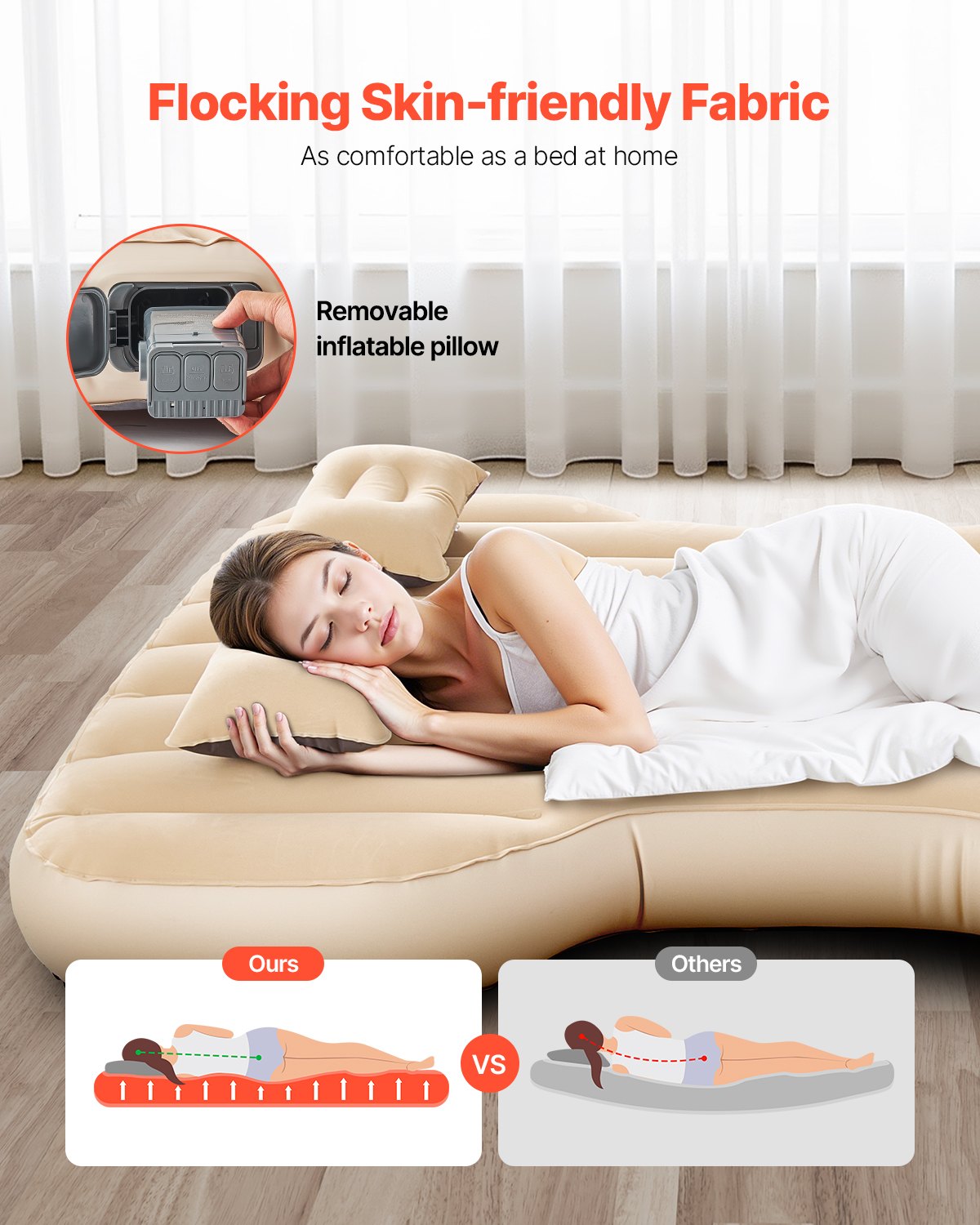 Car Air Mattress, Fits Tesla Model Y (2020-2024), Inflatable Car Camping Mattress, Flocking Thickened Blow Up Travel Beds, Durable Portable Sleeping Pad with Built in Pump, 2 Pillows, Beige