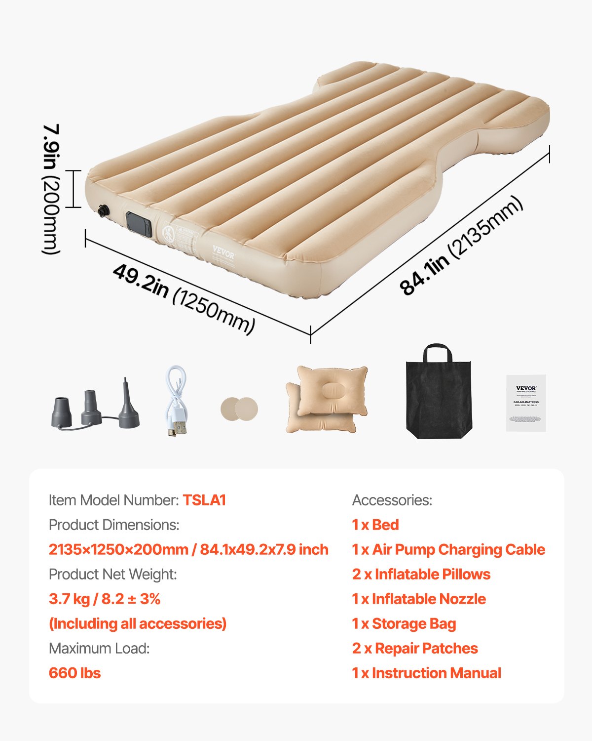 Car Air Mattress, Fits Tesla Model Y (2020-2024), Inflatable Car Camping Mattress, Flocking Thickened Blow Up Travel Beds, Durable Portable Sleeping Pad with Built in Pump, 2 Pillows, Beige