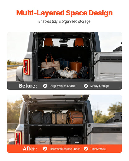 Rear Trunk Cargo Rack, for 2021-2024 Ford Bronco, 300 lbs Capacity, Carbon Steel Basket Tray Interior Storage Luggage Carrier with Net, Back Shelf Stand Organizer for Camping Trip Gear, Black