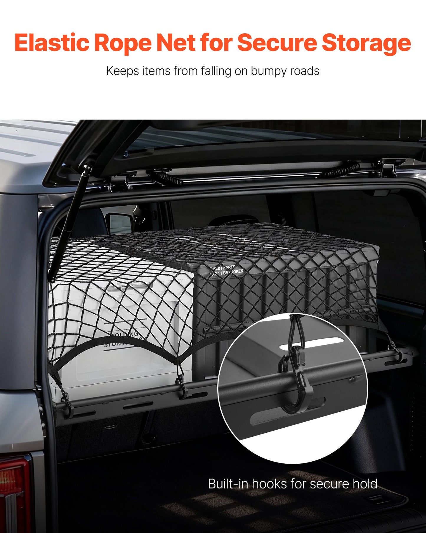 Rear Trunk Cargo Rack, for 2021-2024 Ford Bronco, 300 lbs Capacity, Carbon Steel Basket Tray Interior Storage Luggage Carrier with Net, Back Shelf Stand Organizer for Camping Trip Gear, Black