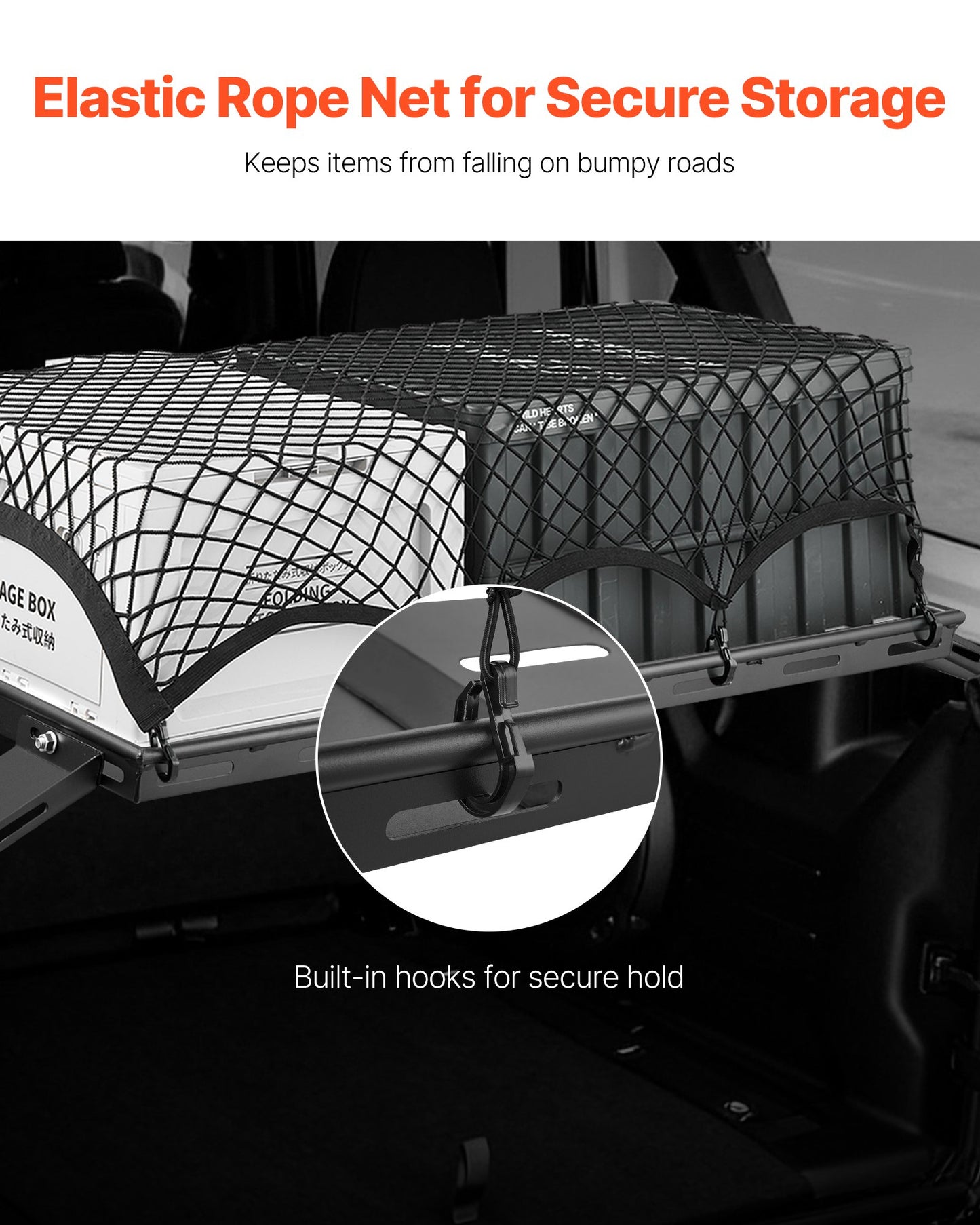 Rear Trunk Cargo Rack, for 2007-2024 Jeep Wrangler JK, 300 lbs Capacity, Carbon Steel Basket Tray Interior Storage Luggage Carrier with Net, Shelf Stand Organizer for Camping Trip Gear, Black