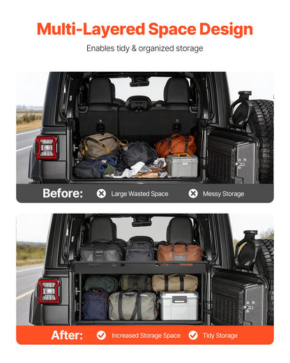 Rear Trunk Cargo Rack, for 2018-2024 Jeep Wrangler JLU Sky One-Touch Power Top, 300 lbs, Carbon Steel Basket Tray Interior Storage Luggage Carrier with Net, Shelf Stand Organizer for Camping