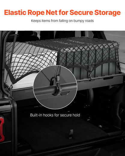 Rear Trunk Cargo Rack, for 2018-2024 Jeep Wrangler JLU Sky One-Touch Power Top, 300 lbs, Carbon Steel Basket Tray Interior Storage Luggage Carrier with Net, Shelf Stand Organizer for Camping