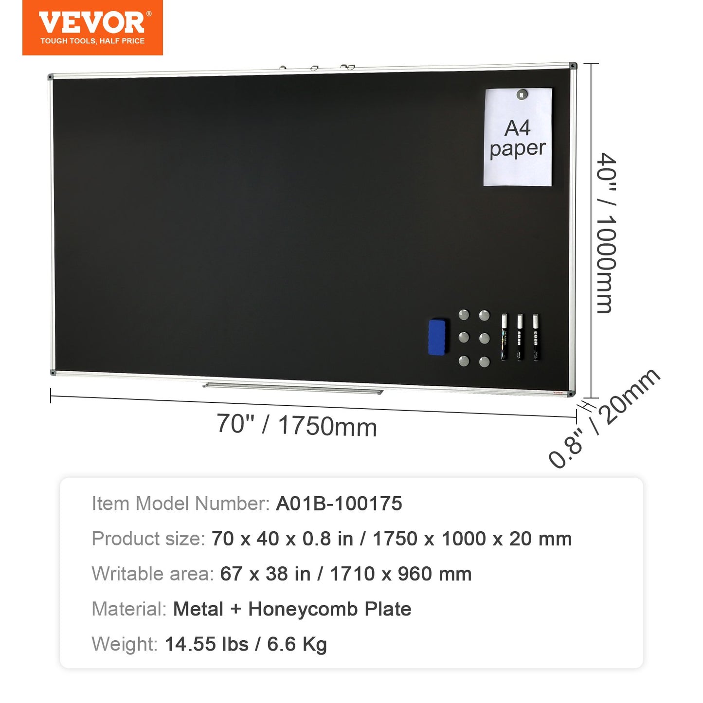 Black Board, 70 x 40 inch Large Chalkboard with Aluminum Frame, Black Boards Dry Erase Includes 1 Magnetic Erase & 3 Dry Erase Markers, Black Surface, for Office Home and School