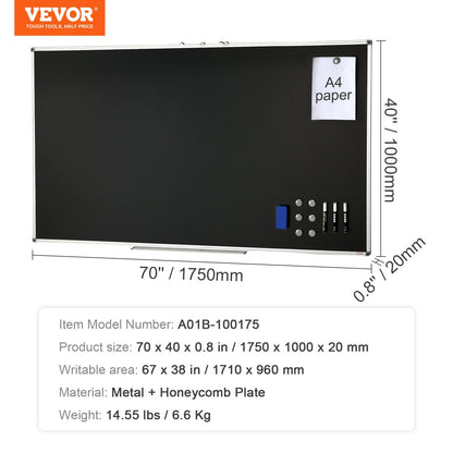 Black Board, 70 x 40 inch Large Chalkboard with Aluminum Frame, Black Boards Dry Erase Includes 1 Magnetic Erase & 3 Dry Erase Markers, Black Surface, for Office Home and School