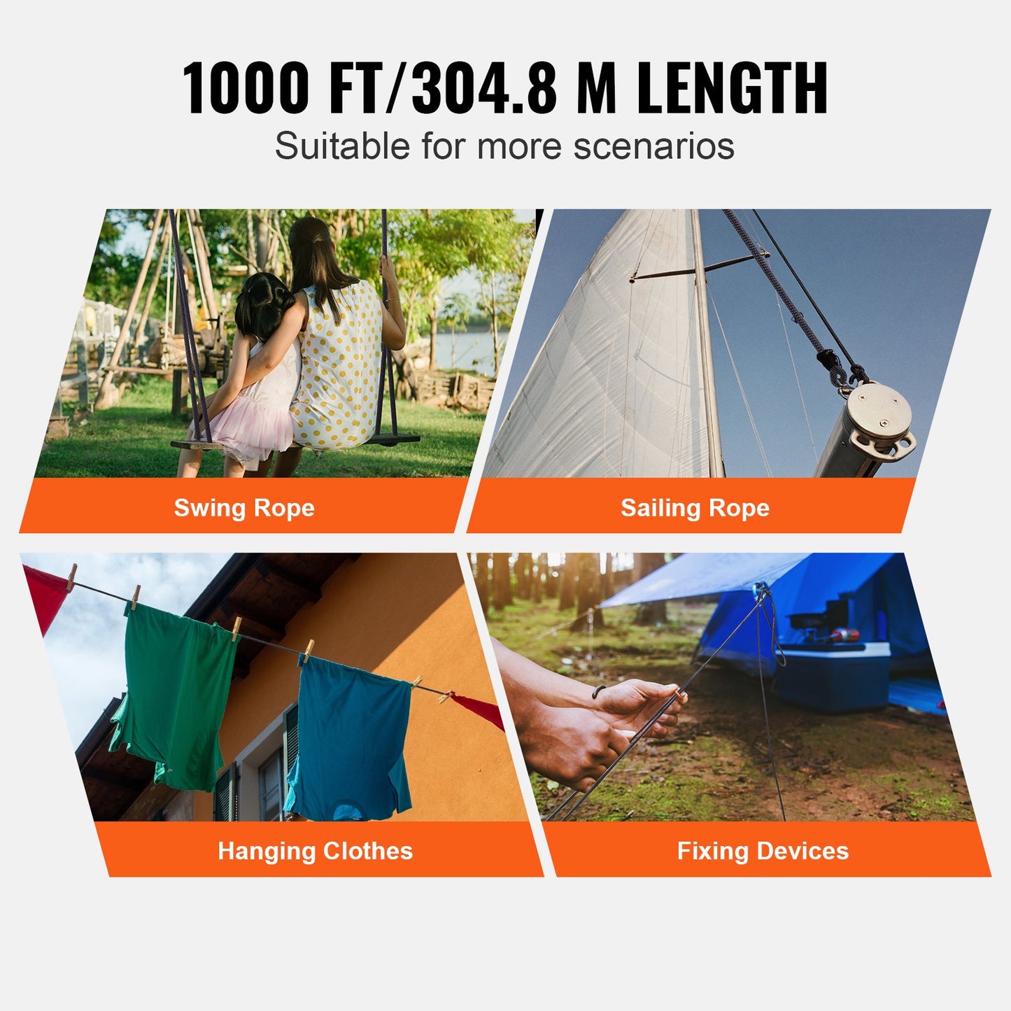 Durable Nylon Cord, 3/16 inch x 1000 ft, 32-Strand Design, 720 LBS Load Capacity, Multi-Purpose Rope for Outdoor Adventures, Tree Work, and Emergency Situations, Black