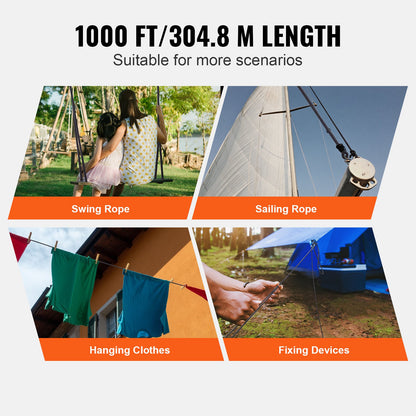 Durable Nylon Cord, 3/16 inch x 1000 ft, 32-Strand Design, 720 LBS Load Capacity, Multi-Purpose Rope for Outdoor Adventures, Tree Work, and Emergency Situations, Black