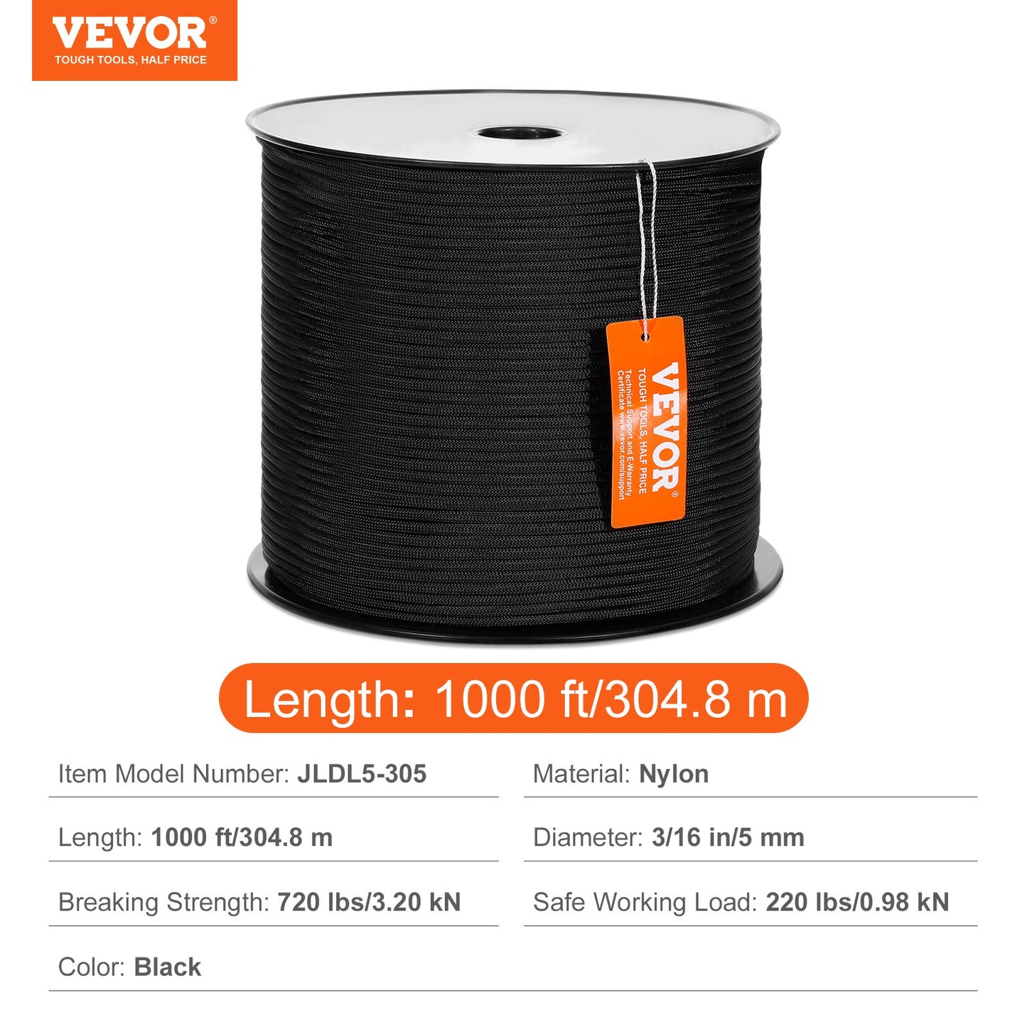 Durable Nylon Cord, 3/16 inch x 1000 ft, 32-Strand Design, 720 LBS Load Capacity, Multi-Purpose Rope for Outdoor Adventures, Tree Work, and Emergency Situations, Black