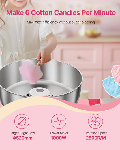 Electric Cotton Candy Machine with Cart, 1000W Commercial Candy Floss Maker with 20.5 in Stainless Steel Bowl, Sugar Scoop, and Drawer, Easy to Use, for Home, Kids Birthday, Family Party, Pink