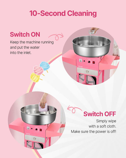 Electric Cotton Candy Machine with Cart, 1000W Commercial Candy Floss Maker with 20.5 in Stainless Steel Bowl, Sugar Scoop, and Drawer, Easy to Use, for Home, Kids Birthday, Family Party, Pink