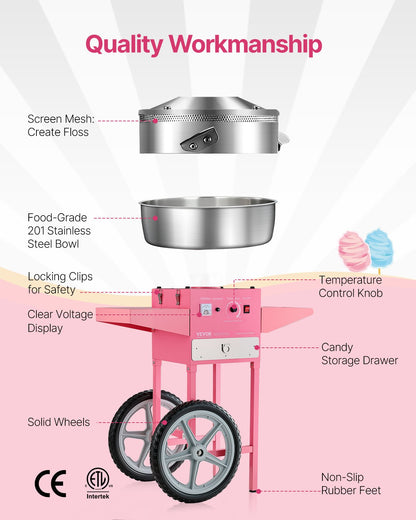 Electric Cotton Candy Machine with Cart, 1000W Commercial Candy Floss Maker with 20.5 in Stainless Steel Bowl, Sugar Scoop, and Drawer, Easy to Use, for Home, Kids Birthday, Family Party, Pink