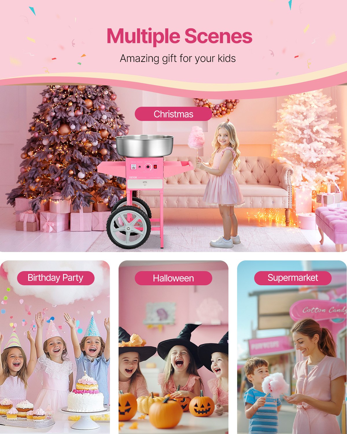 Electric Cotton Candy Machine with Cart, 1000W Commercial Candy Floss Maker with 20.5 in Stainless Steel Bowl, Sugar Scoop, and Drawer, Easy to Use, for Home, Kids Birthday, Family Party, Pink