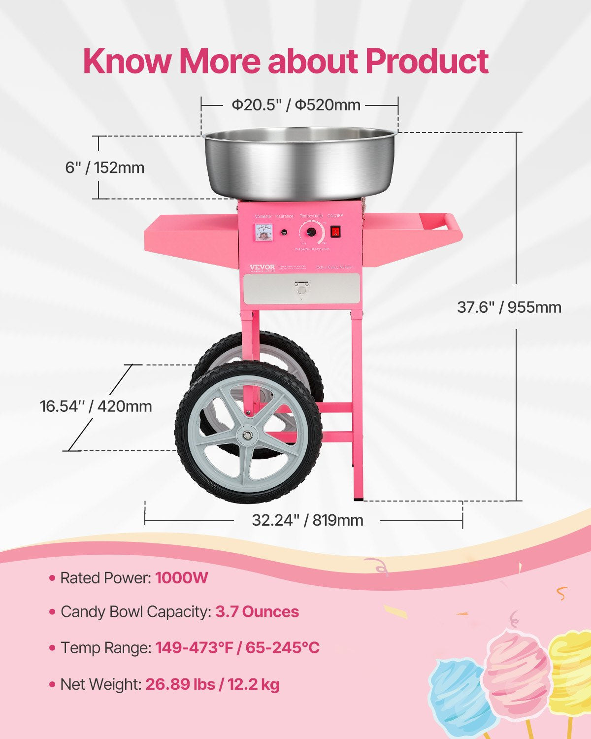 Electric Cotton Candy Machine with Cart, 1000W Commercial Candy Floss Maker with 20.5 in Stainless Steel Bowl, Sugar Scoop, and Drawer, Easy to Use, for Home, Kids Birthday, Family Party, Pink