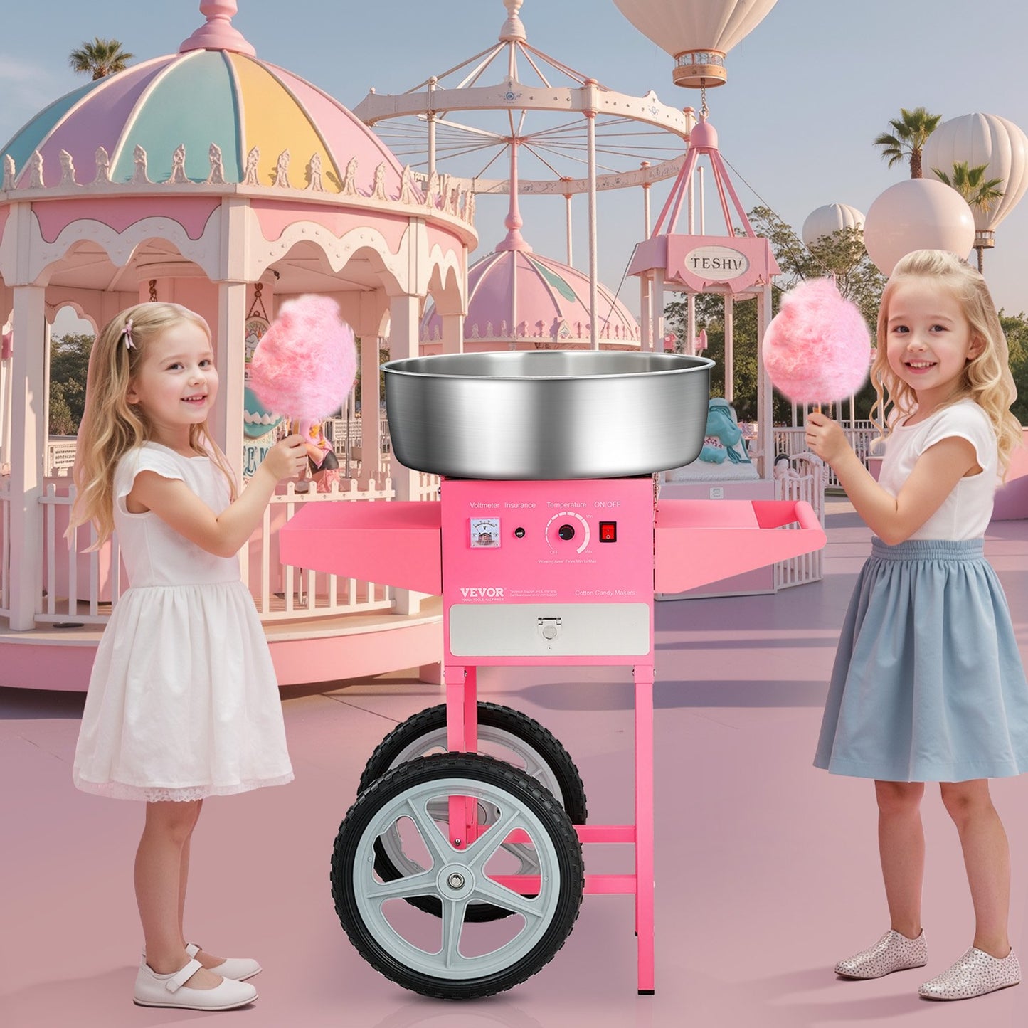 Electric Cotton Candy Machine with Cart, 1000W Commercial Candy Floss Maker with 20.5 in Stainless Steel Bowl, Sugar Scoop, and Drawer, Easy to Use, for Home, Kids Birthday, Family Party, Pink