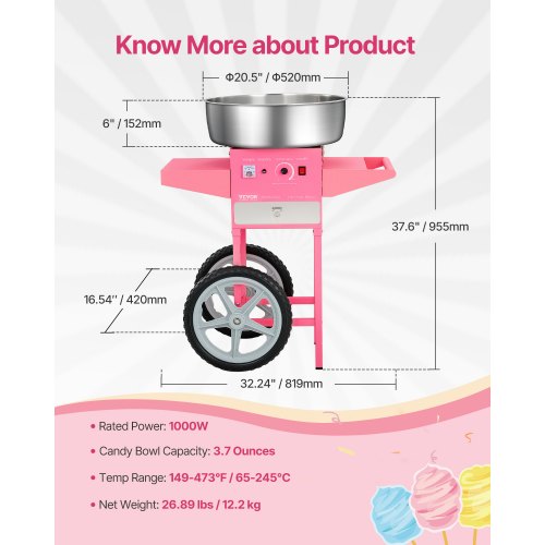 Commercial Cotton Candy Machine with Cart Cotton Candy Machine 1000W Party | EU