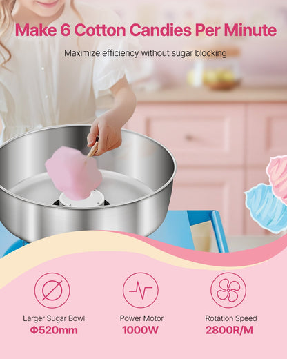 Electric Cotton Candy Machine with Cart, 1000W Commercial Candy Floss Maker with 20.5 in Stainless Steel Bowl, Sugar Scoop, and Drawer, Easy to Use, for Home, Kids Birthday, Family Party, Blue