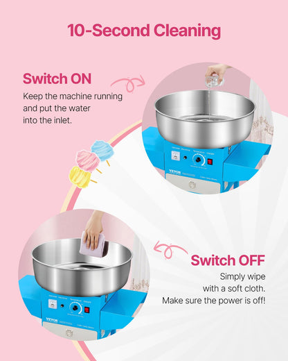 Electric Cotton Candy Machine with Cart, 1000W Commercial Candy Floss Maker with 20.5 in Stainless Steel Bowl, Sugar Scoop, and Drawer, Easy to Use, for Home, Kids Birthday, Family Party, Blue