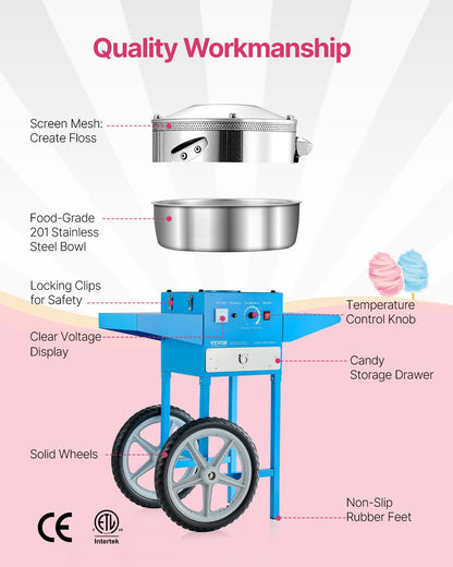 Electric Cotton Candy Machine with Cart, 1000W Commercial Candy Floss Maker with 20.5 in Stainless Steel Bowl, Sugar Scoop, and Drawer, Easy to Use, for Home, Kids Birthday, Family Party, Blue