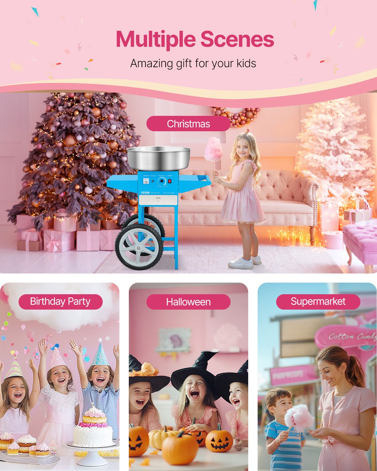 Electric Cotton Candy Machine with Cart, 1000W Commercial Candy Floss Maker with 20.5 in Stainless Steel Bowl, Sugar Scoop, and Drawer, Easy to Use, for Home, Kids Birthday, Family Party, Blue