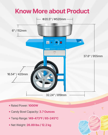 Electric Cotton Candy Machine with Cart, 1000W Commercial Candy Floss Maker with 20.5 in Stainless Steel Bowl, Sugar Scoop, and Drawer, Easy to Use, for Home, Kids Birthday, Family Party, Blue