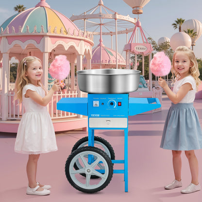 Electric Cotton Candy Machine with Cart, 1000W Commercial Candy Floss Maker with 20.5 in Stainless Steel Bowl, Sugar Scoop, and Drawer, Easy to Use, for Home, Kids Birthday, Family Party, Blue