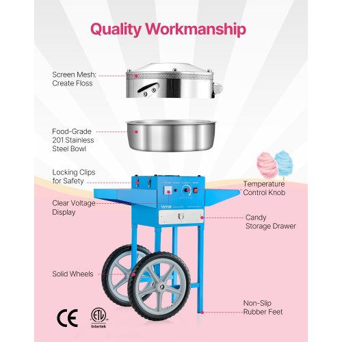 Commercial Cotton Candy Machine with Cart Cotton Candy Machine 1000W Blue | EU