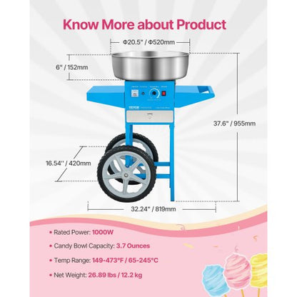 Commercial Cotton Candy Machine with Cart Cotton Candy Machine 1000W Blue | EU