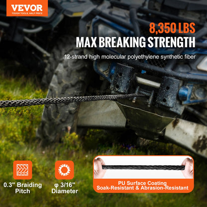 Synthetisches Windenseil, 3/16 Zoll x 50 Fuß, 8.350 lbs, synthetisches Windenseil mit Schutzhülle + Stopper + geschmiedeter Windenhaken + Abschleppgurt, universell passend für ATV, UTV, Fahrzeugabschleppen