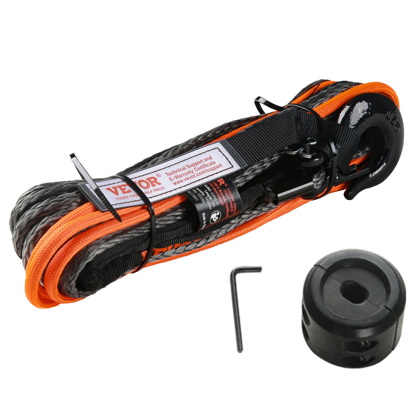 Synthetisches Windenseil, 3/16 Zoll x 50 Fuß, 8.350 lbs, synthetisches Windenseil mit Schutzhülle + Stopper + geschmiedeter Windenhaken + Abschleppgurt, universell passend für ATV, UTV, Fahrzeugabschleppen