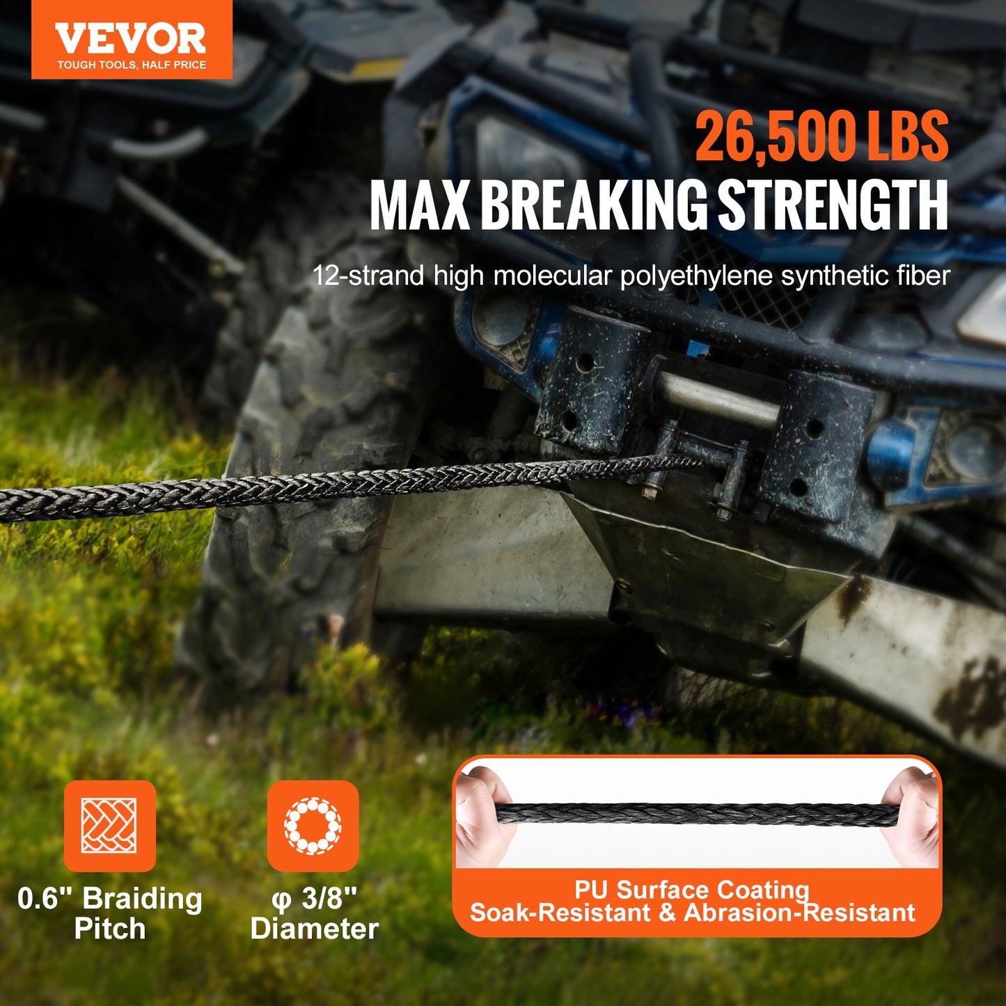 Syntetiskt vinschrep, 3/8 tum x 85 fot 26 500 lbs syntetiskt vinschlina kabelrep med skyddshylsa + smidd vinschkrok + dragrem, universell passform för SUV, stort terrängfordon, lastbil