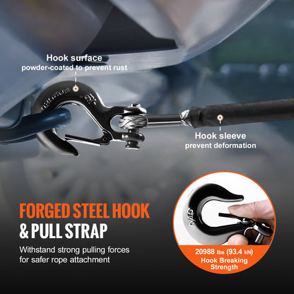Syntetiskt vinschrep, 3/8 tum x 85 fot 26 500 lbs syntetiskt vinschlina kabelrep med skyddshylsa + smidd vinschkrok + dragrem, universell passform för SUV, stort terrängfordon, lastbil