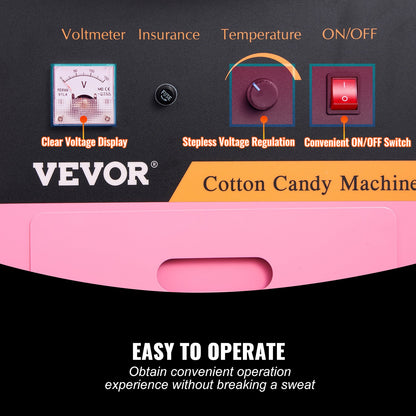 Electric Cotton Candy Machine with Cart, 1000W Commercial Floss Maker with Stainless Steel Bowl, Sugar Scoop and Drawer, Perfect for Home, Kids Birthday, Family Party, Pink