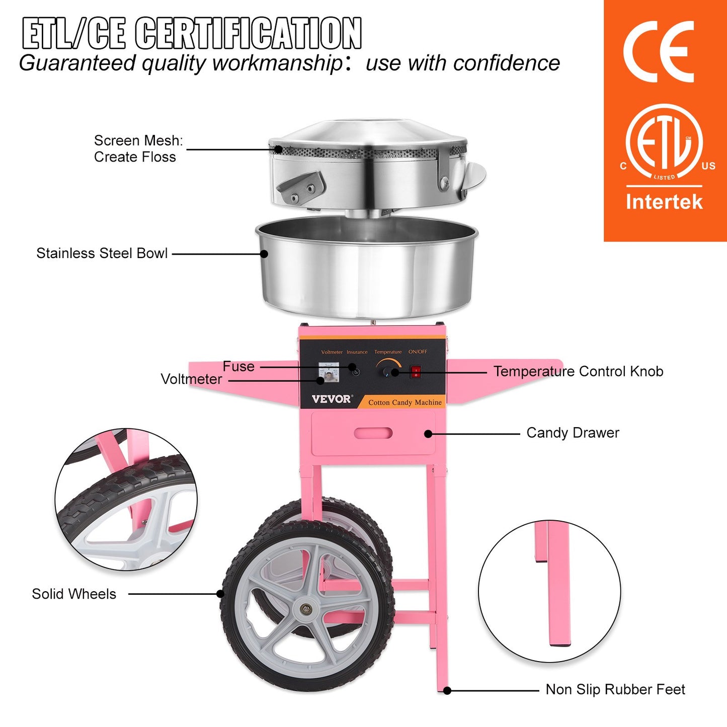 Electric Cotton Candy Machine with Cart, 1000W Commercial Floss Maker with Stainless Steel Bowl, Sugar Scoop and Drawer, Perfect for Home, Kids Birthday, Family Party, Pink