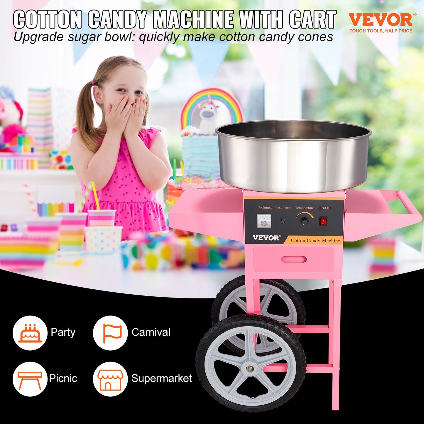 Electric Cotton Candy Machine with Cart, 1000W Commercial Floss Maker with Stainless Steel Bowl, Sugar Scoop and Drawer, Perfect for Home, Kids Birthday, Family Party, Pink