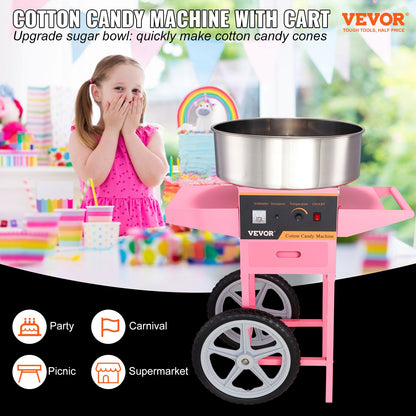 Electric Cotton Candy Machine with Cart, 1000W Commercial Floss Maker with Stainless Steel Bowl, Sugar Scoop and Drawer, Perfect for Home, Kids Birthday, Family Party, Pink