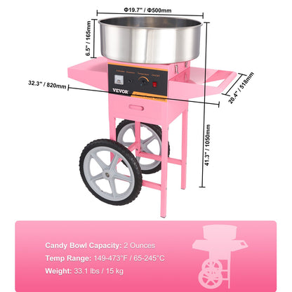 Electric Cotton Candy Machine with Cart, 1000W Commercial Floss Maker with Stainless Steel Bowl, Sugar Scoop and Drawer, Perfect for Home, Kids Birthday, Family Party, Pink