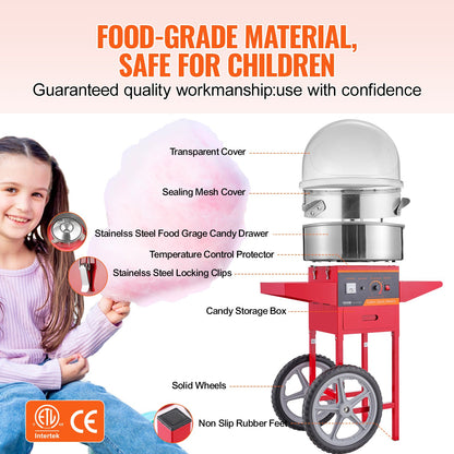 Electric Cotton Candy Machine with Cart, 1000W Commercial Candy Floss Maker with Cover, Stainless Steel Bowl, Sugar Scoop and Drawer, Perfect for Home, Kids Birthday, Family Party, Red