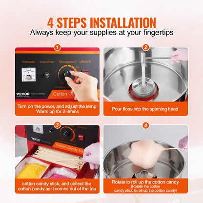 Electric Cotton Candy Maker with Cart, 1000W Commercial Candy Maker with Lid, Stainless Steel Bowl, Sugar Scoop and Box, Perfect for Home, Kids Birthday, Family Party, Red