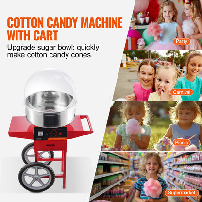 Electric Cotton Candy Maker with Cart, 1000W Commercial Candy Maker with Lid, Stainless Steel Bowl, Sugar Scoop and Box, Perfect for Home, Kids Birthday, Family Party, Red