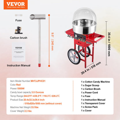 Electric Cotton Candy Maker with Cart, 1000W Commercial Candy Maker with Lid, Stainless Steel Bowl, Sugar Scoop and Box, Perfect for Home, Kids Birthday, Family Party, Red