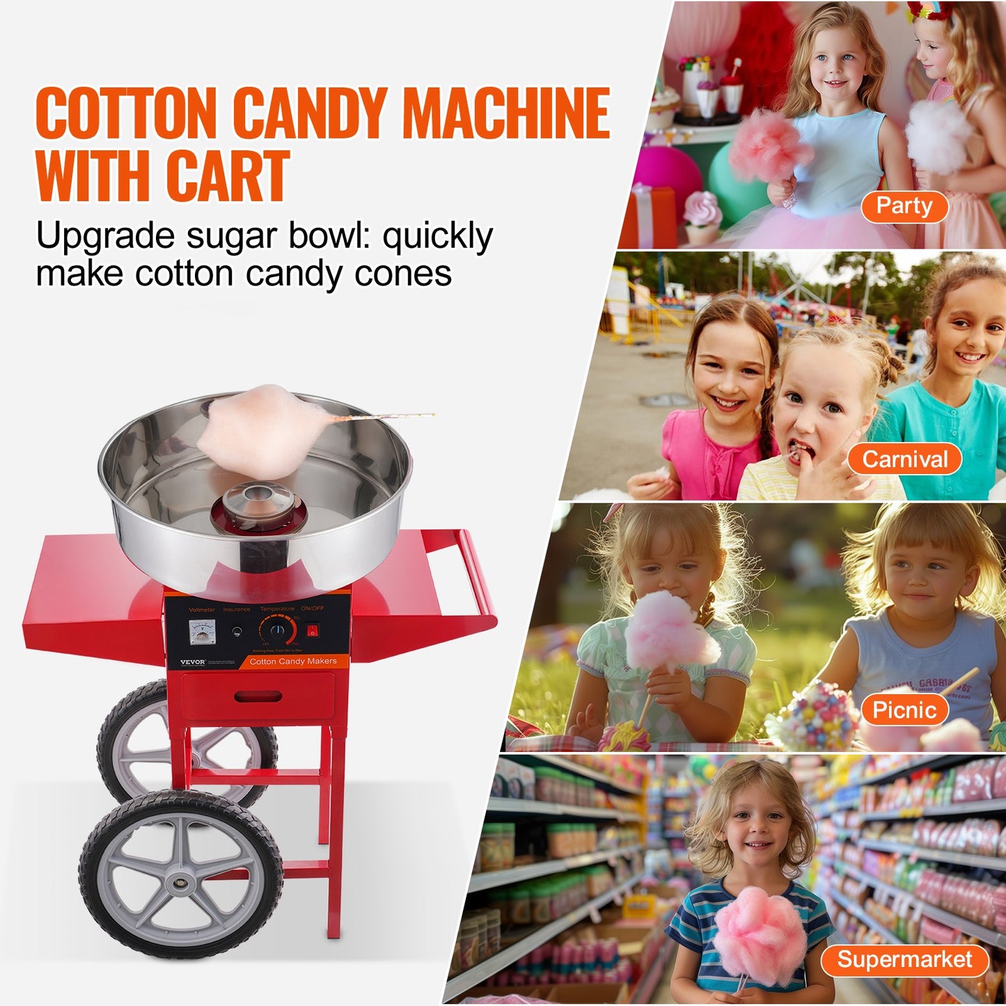 Electric Cotton Candy Machine with Cart, 1000W Commercial Candy Floss Maker with Stainless Steel Bowl, Sugar Scoop and Drawer, Perfect for Home, Kids Birthday, Family Party, Red