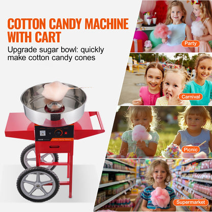 Electric Cotton Candy Machine with Cart, 1000W Commercial Candy Floss Maker with Stainless Steel Bowl, Sugar Scoop and Drawer, Perfect for Home, Kids Birthday, Family Party, Red