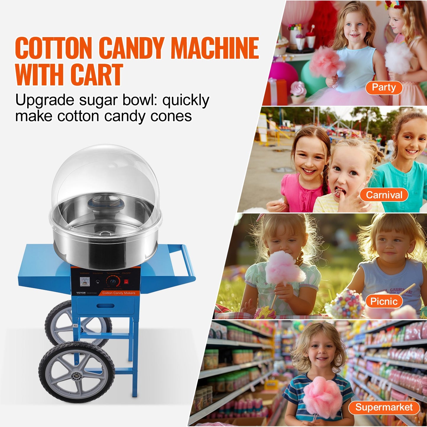 Electric Cotton Candy Maker with Cart, 1000W Commercial Candy Maker with Lid, Stainless Steel Bowl, Sugar Scoop and Box, Perfect for Home, Kids Birthday, Family Party, Blue