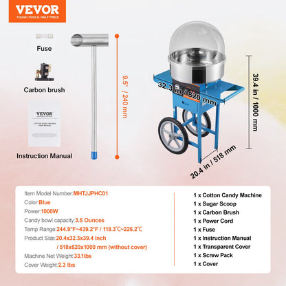 Electric Cotton Candy Maker with Cart, 1000W Commercial Candy Maker with Lid, Stainless Steel Bowl, Sugar Scoop and Box, Perfect for Home, Kids Birthday, Family Party, Blue